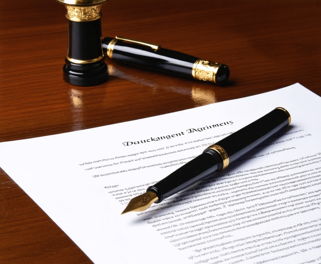 Ein hochwertiger Füllfederhalter auf einem unterzeichneten Rechtsdokument auf einem Holztisch, symbolisiert die Seriosität unserer AGB
