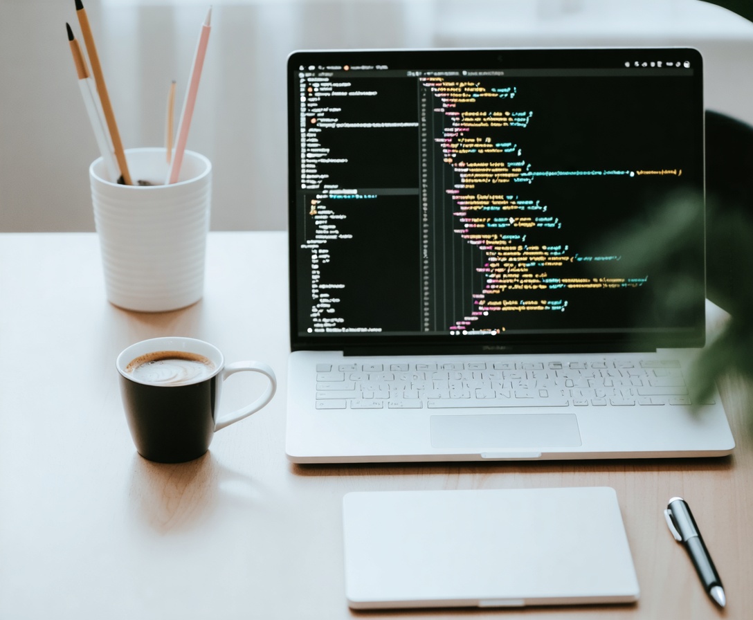 Moderner Arbeitsplatz mit Laptop und Code-Editor in einem hellen Büro in München