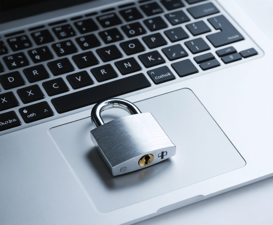 Silbernes Schloss auf einer modernen Laptop-Tastatur symbolisiert die Sicherheit Ihrer Daten bei der WebArt Akademie