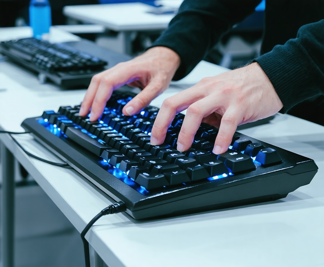 Detailaufnahme von Händen beim Schreiben von sauberem HTML-Code an einer mechanischen Tastatur